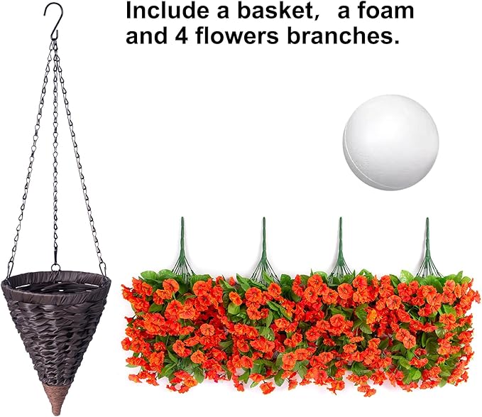 HyeFlora Artificial Fake Hanging Flowers Plants Baskets for Outdoor Decoration, Faux Silk Orange Morning Glory in Planter UV Resistant Look Real for Home Porch Patio Balcony Yard Decor