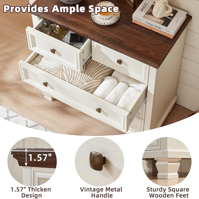 Farmhouse 5 Drawer Dresser for Bedroom, 32.6 Inch Tall Vintage Chest of Drawers, Rustic Small Dressers w/Square Solid Wood Legs, Mid-Century Storage Organizer for Living Room, White