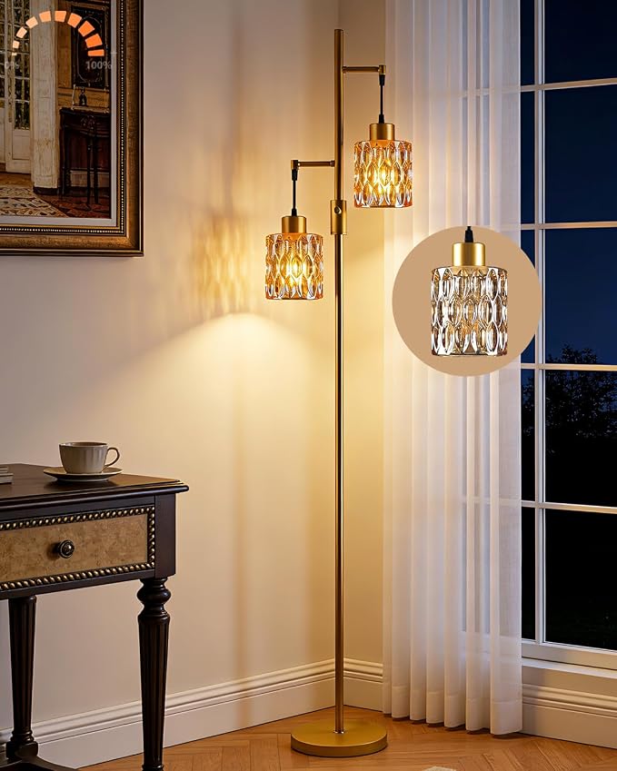 Lightdot 65IN Industrial Gold Floor Lamp for Living Room, 2- Light Amber Glass Floor Lamps with Warm White Bulbs, Modern Farmhouse Tree Standing Tall Lamp with 5Lbs Heavy Base for Bedroom Home Office