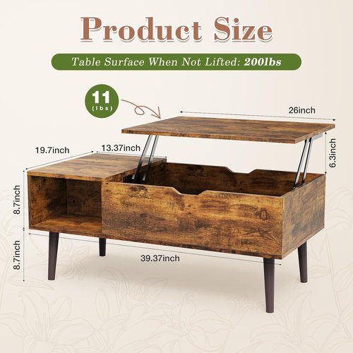 OLIXIS Wooden Coffee Table - Lift Top Design with Hidden Storage Compartment | Rustic Style for Small Spaces