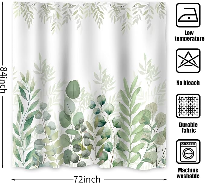Green Eucalyptus Extra Long Shower Curtain, Leaf Plant Herbs Spring Nature Waterproof Fabric Machine Washable with Hooks for Bathroom Bathtub Decor 72Wx84H