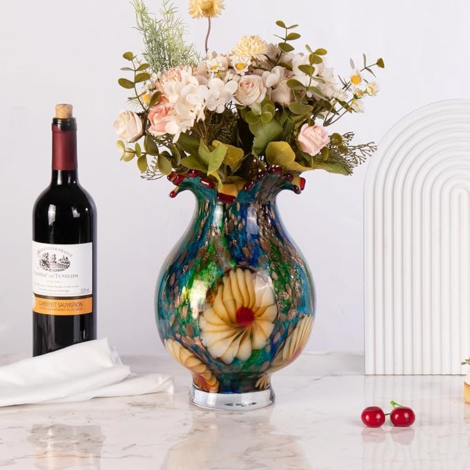 KAMMAK Colored Glass Vase, Beautiful Hand Blown Decorative Vase, Modern Art Vase for Flower Mantle Dining Table Centerpiece, Entryway Living Room Wedding Decoration, SKQ006