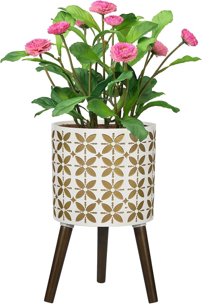 nacltlo12 Inch Planter with Stand, Plant Stand Indoor, Plant pots, Modern Mid-Century,Large Flower Planter Pot with Drainage Holes for Outdoor,White and xGold