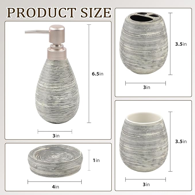 CERBIOR Bathroom Accessories Set,4 Pcs Ceramic Bathroom Decor Accessory,Includes Toothbrush Holder, Toothbrush Cup, Soap Dish for Decorative Countertop and Housewarming Gift(Grey 4pcs)