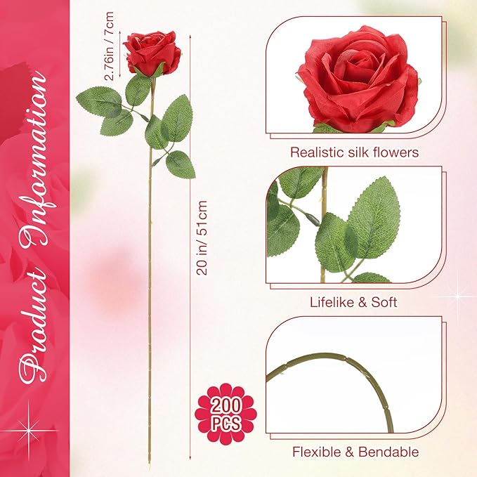 Lyrow 200 Pcs Artificial Roses Realistic Flowers Bulk Real Looking Fake Silk Rose Bouquets with Long Stem Flowers for Wedding Table Centerpieces Bridal Shower Party Home Garden Decor (Red)