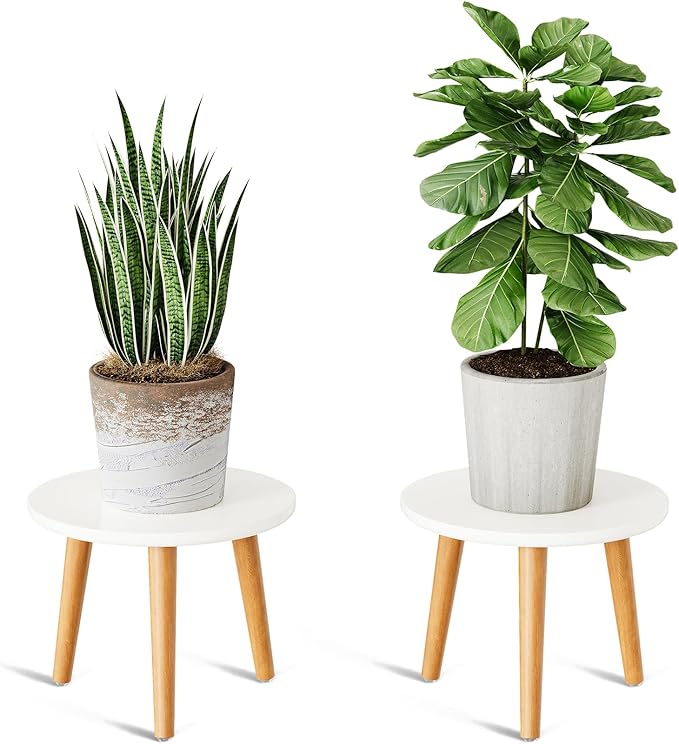 Uneedem Plant Stand Indoor, Mid Century Modern Small Round Plant Table for Flower Pots, 8.9" Tall Plant Holder Wood Stool for Living Room (2 Pack)