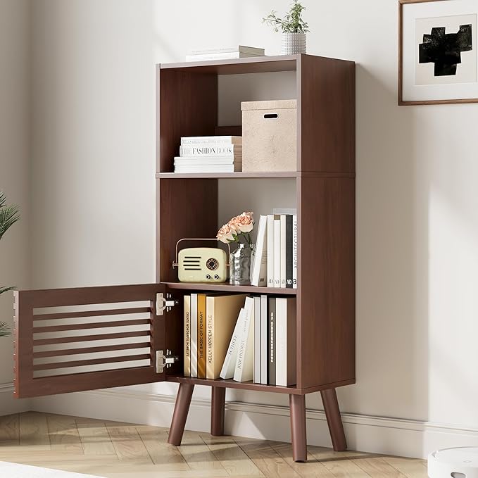 Small Bookcase, 43" H Open Shelf Cube Bookshelf with Slatted Door, Mid-Century Bookcase with 3 Cubes, Open Shelves Display Storage Cabinet for Living Room, Home Office, Walnut