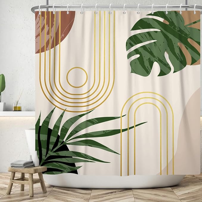 Boho Sage Green Shower Curtain Bohemian Mid Century Geometric Abstract Curve Bathroom Curtain Palm Leaf Polyester Shower Curtain Sets for Bathroom Extra Long 72x78 in with 12 Hooks