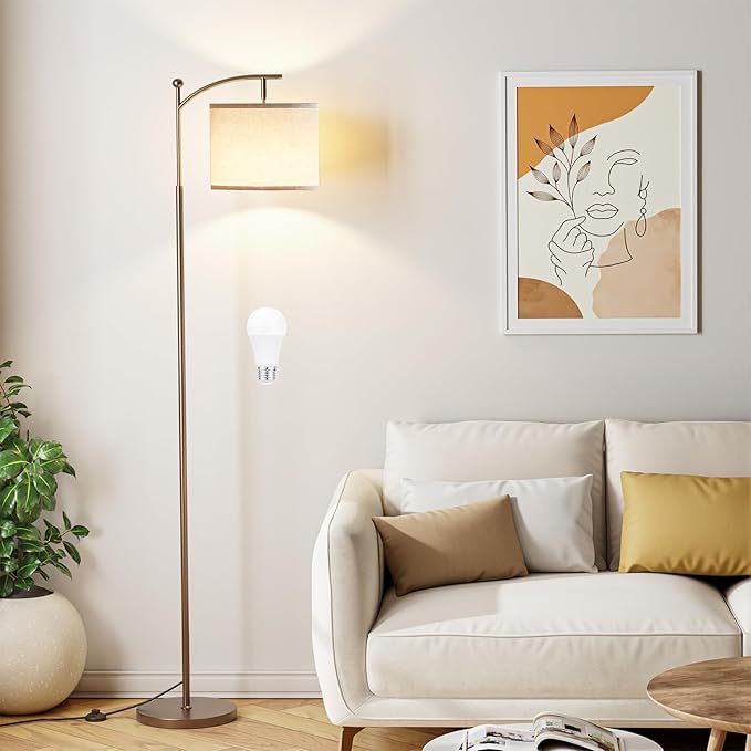 Ambimall 60" Floor Lamp for Living Room with 3 Color Temperatures, Adjustable Beige Shade with Brown Pole, Tall Lamp for Bedroom Office Classroom Dorm Room, 9W Bulb Included