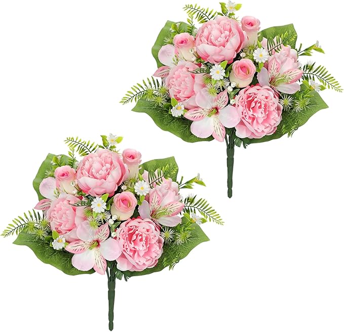 Hollyone Set of 2 Artificial Cemetery Flower for Graves Cemetery Memorial Flowers for Outdoor Grave Decorations Silk Flower Arrangements Pink Rose Peonies Lily Floral Flowers Bouquets