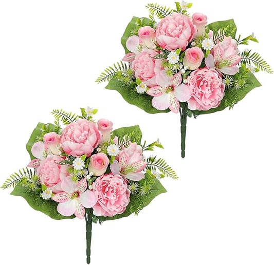 Hollyone Set of 2 Artificial Cemetery Flower for Graves Cemetery Memorial Flowers for Outdoor Grave Decorations Silk Flower Arrangements Pink Rose Peonies Lily Floral Flowers Bouquets
