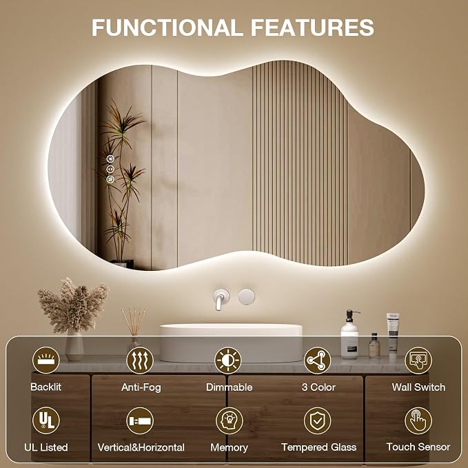 Irregular Cloud Backlit Bathroom Mirror 20x36 Inch, LED Vanity Mirror with Lights Anti-Fog, Dimmable 3 Colors, 4mm Tempered Glass, Horizontal/Vertical Wall Mount for Bathroom or Makeup Area
