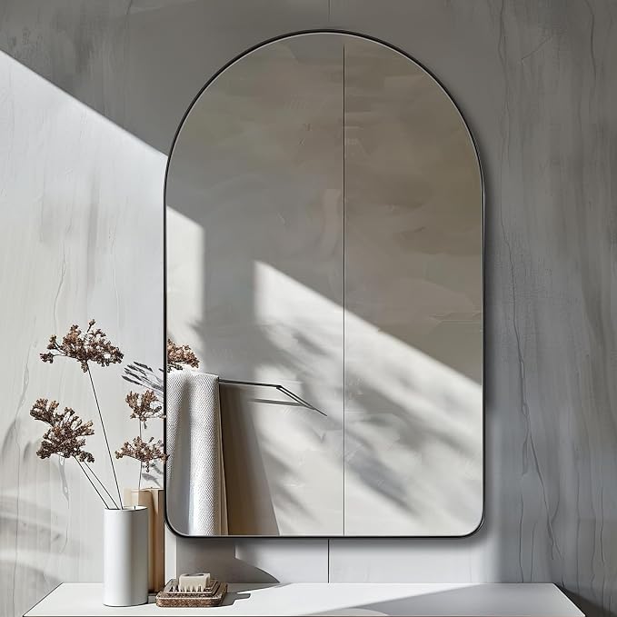 ANDY STAR Arched Mirror, 20 x 30 Inch Black Bathroom Mirror in Stainless Steel Metal Frame, Arch Top Rounded Corner 1 Inch Deep Set Design Wall Mount Hangs Vertical