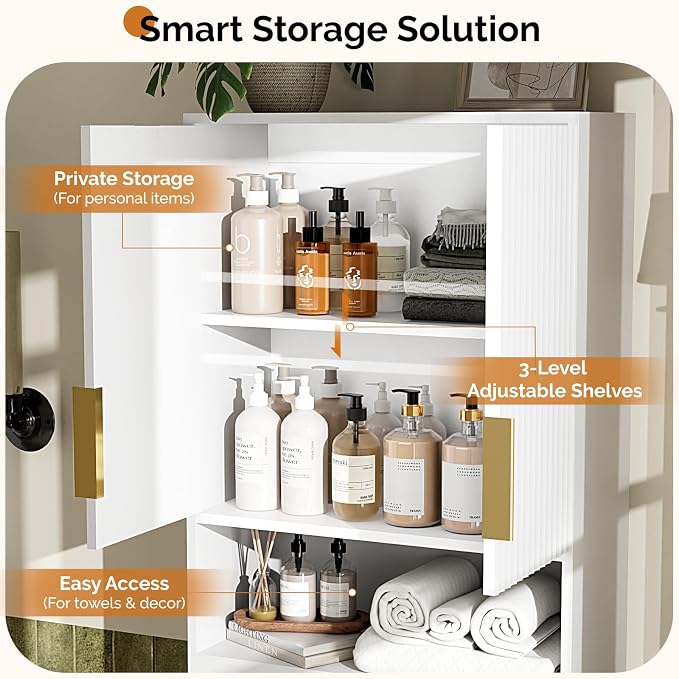 VINGLI Over The Toilet Storage Cabinet White, Modern Bathroom Organizer with Fluted Doors, Freestanding Wooden Space Saver Stand with Adjustable Bottom Bar for Laundry, Gold Handles