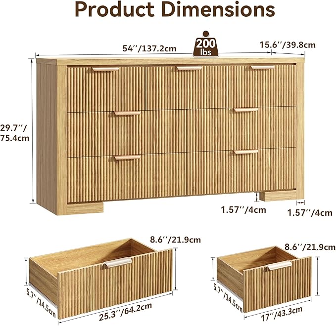Fluted Dresser for Bedroom, 7 Drawer Dresser with Gold Handle, 54" Wide Chest of Drawers, Modern Wood Dressers Organizer for Bedroom, Liveroom, Entryway, Natural Oak
