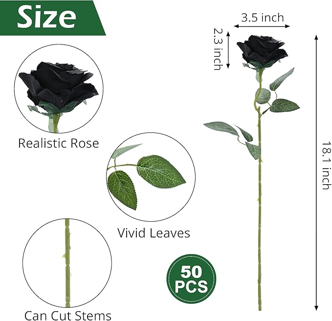 50pcs Artificial Roses Flowers in Bulk,Realistic Silk Fake Rose with Long Stem for Wedding Centerpieces Bouquet Party Floral Arrangement Home Decoration(Black)