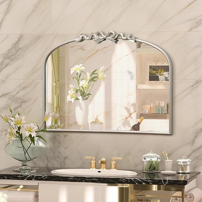 Besdomus Antique Arch Large Mirror: 32"x24" Champagne Silver Bow Antique Wall Mounted Mirror - Baroque Traditional Ornate for Living Room/Fireplace/Bathroom- Home Decor for Homeowners