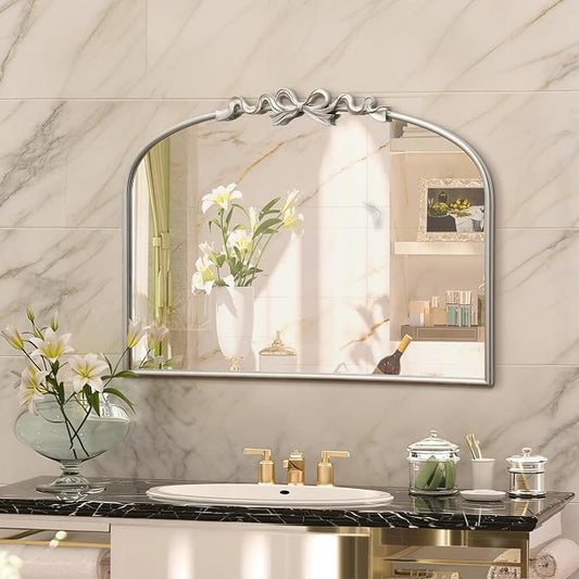 Besdomus Antique Arch Large Mirror: 32"x24" Champagne Silver Bow Antique Wall Mounted Mirror - Baroque Traditional Ornate for Living Room/Fireplace/Bathroom- Home Decor for Homeowners