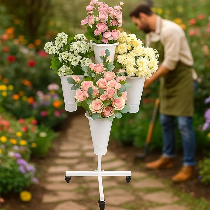 Flower Display Stand with Buckets - Flower Cart with Wheels for Bouquet Shop, Metal Flower Rack Display Stand for Wedding Garden, Party, Events (White, Round buckets)