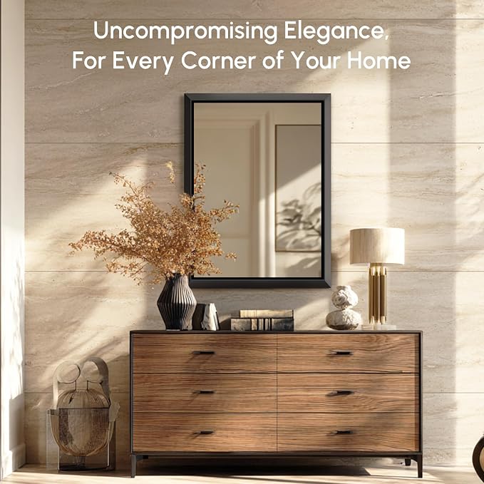 USHOWER 30x36 Inch Floating Bathroom Mirror - Brushed Black Wall Mirror for Over Sink, Anti-Rust, Modern HD Reflection Rectangular Beveled Aluminum Frame Vanity Mirror(Copper-Free Silver Coating)