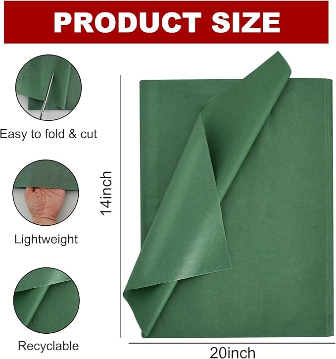 BEISHIDA 100 Sheets Forest Green Tissue Paper Bulk, Wrapping Tissue Paper for Gift Bags, 14 x 20 Inch Gift Wrap for Birthday Wedding Graduation DIY Crafts Holiday Flowers