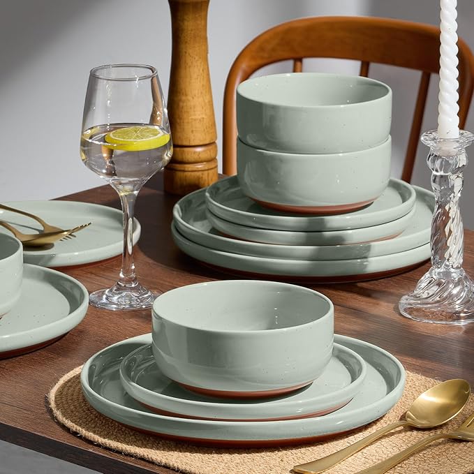 E-far 6-Piece Stoneware Dinnerware Sets, Plates and Bowls Sets for 2, Ceramic Dishware Dishes Set with Terracotta Base, Chip & Scratch Resistant, Microwave & Dishwasher Safe, Speckled Green