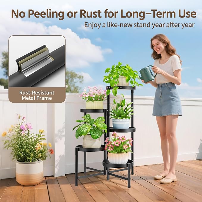 LASZOLA 5 Tier Large Plant Stand Indoor Tall with 10 Inch Metal Tray, Corner Folding Flower Display Rack, Modern Plant Holder Shelf for Outdoor Patio Porch Garden Office Living Room, Black