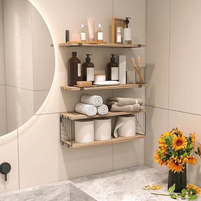 Fixwal Bathroom Floating Shelves Over Toilet, 15.8in Farmhouse Rustic Wood Shelves, Wall Decor for Bathroom, Living Room,Bedroom and Kitchen (3 Plus 1 Tier Rustic Brown)