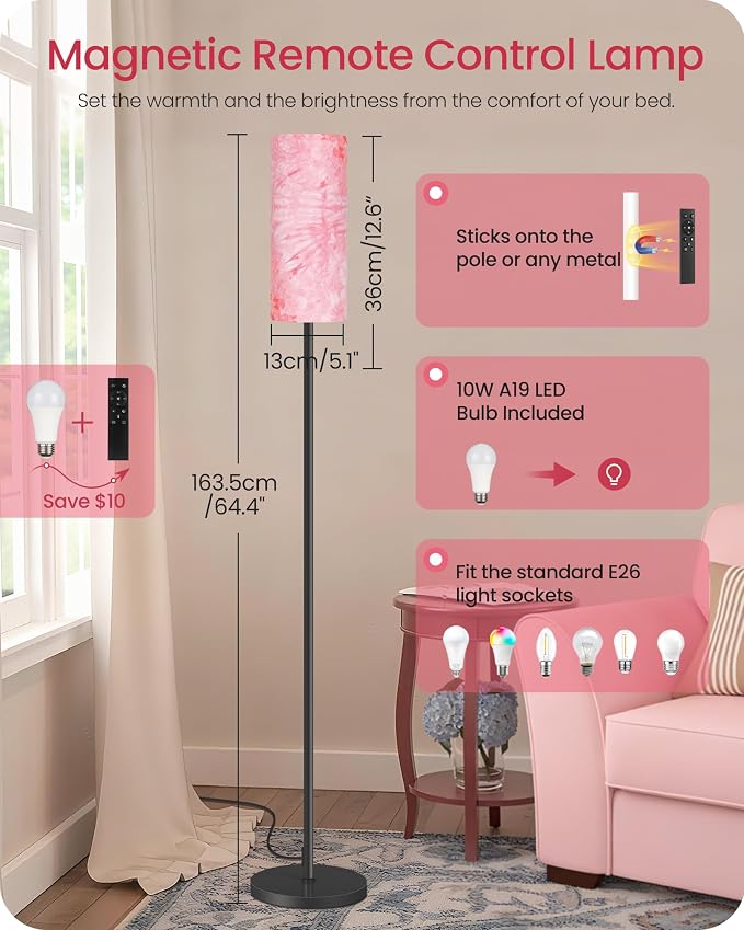 Dimmable Floor Lamps for Living Room with Remote and Foot Switch, 64.4” Modern Standing Tall Lamp, Corner Lamp for Bedroom, Bulb Included, 3000K-6500K, FCC Listed, Sakura Pink and Black CP06LD05W1