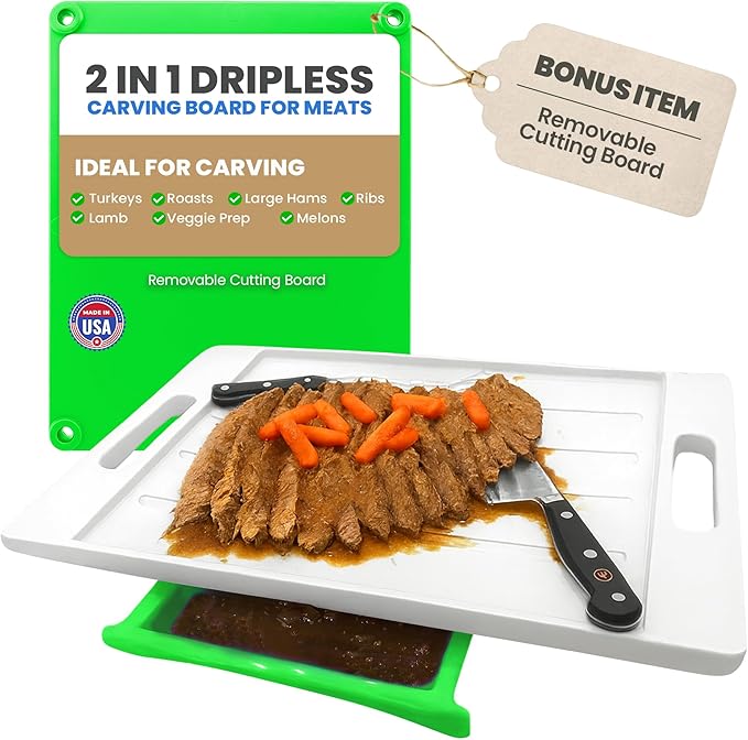 XL Meal Prep System Cutting Board - Large Cutting Board with Juice Groove, Spikes, Drip Tray & Removable Surface - Carving Board - BBQ Essential & Kitchen Gifts - BPA Free Cutting Board - Green