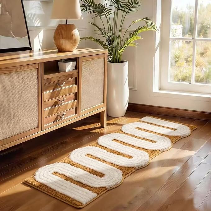 Geometric Design Boho Runner Bathroom Rugs, Long Scalloped Cute Bath Mat Non Slip for Bedroom Kitchen Hallway Laundry Room, Funky Retro Farmhouse Bath Rug Washable, Mustard Yellow, 51"x20"