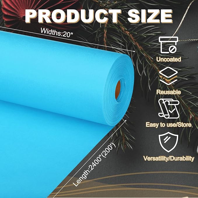 PATIKIL Wrapping Paper, 20"x2400"(200') Bulletin Board Paper Roll Kraft Paper Roll Construction 80GSM for Shipping Packing Gift Wrapping Craft Flower Bouquet Christmas, Light Blue