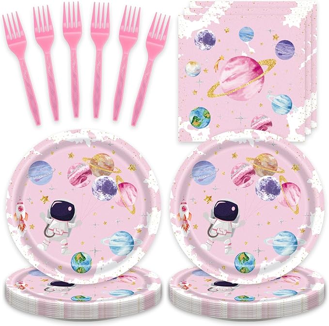 48pcs Pink Space Party Decoration Set,16 Dessert plate,16 Napkin And 16 Fork,16 persons Disposable tableware,Used Galaxy Space Planet Astronauts Birthday Party Supplies (Multicolor 18)