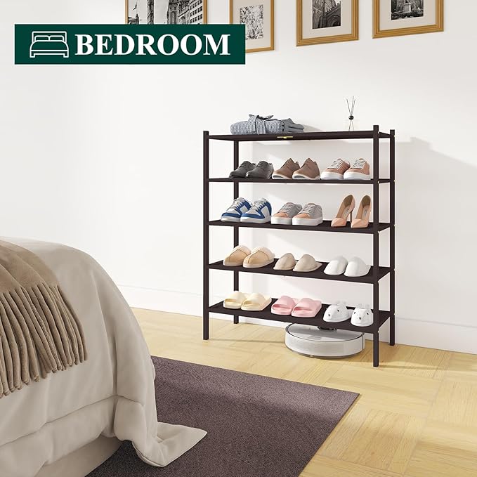 Smiry Bamboo Shoe Rack, 5 Tier Shoe Organizer for Entryway & Closet, Stackable Free Standing Storage Shelf for Shoes, Bags & Plants, Brown