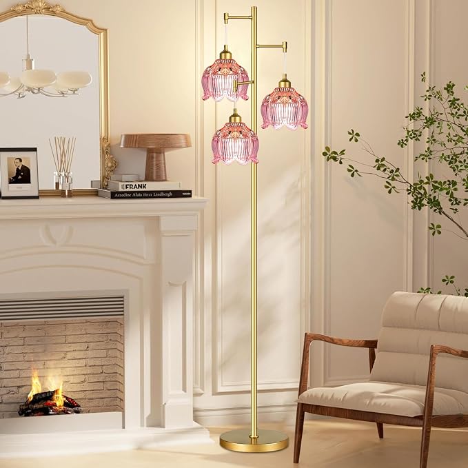 ILLMTW Glass Floor Lamp for Living Room,Bedroom,Gold Flower Mid Century Modern Standing Lamp Brass Tree 3 Light Tall Floor Lamps Vintage Floor Lights Pink Lamp Shade Farmhouse Boho Bohemian