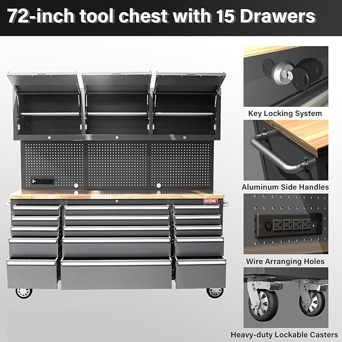 HAUTMEC 72" Rolling Tool Chest, Mobile Garage Workbench, Heavy-Duty Tool Cabinet on Wheels with 15 Drawers, 3 Upper Cabinets, Pegboard & 51 Hooks, Oak Work Surface & Power Strip – HT0428