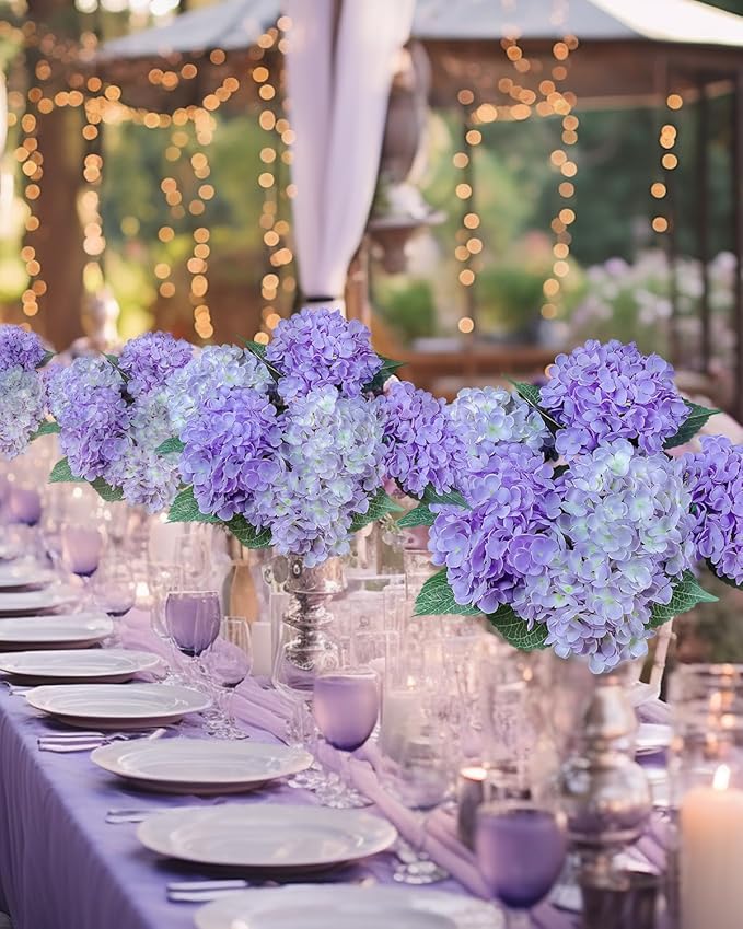 6PCS Premium Purple Hydrangea Artificial Flowers Bouquets, Light Purple Silk Hydrangea Flowers Heads with Stems, Fake Hydrangeas Flowers Arrangement, Faux Hydrangea Decor for Home Wedding Party Table