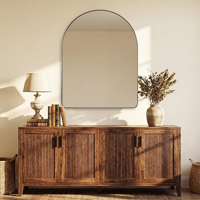 ANDY STAR Arched Mirror, 28 x 36 Inch Brushed Nickel Wall Mirror in Stainless Steel Metal Frame, Arch Top Rounded Corner 1 Inch Deep Set Design Wall Mount Hangs Vertical