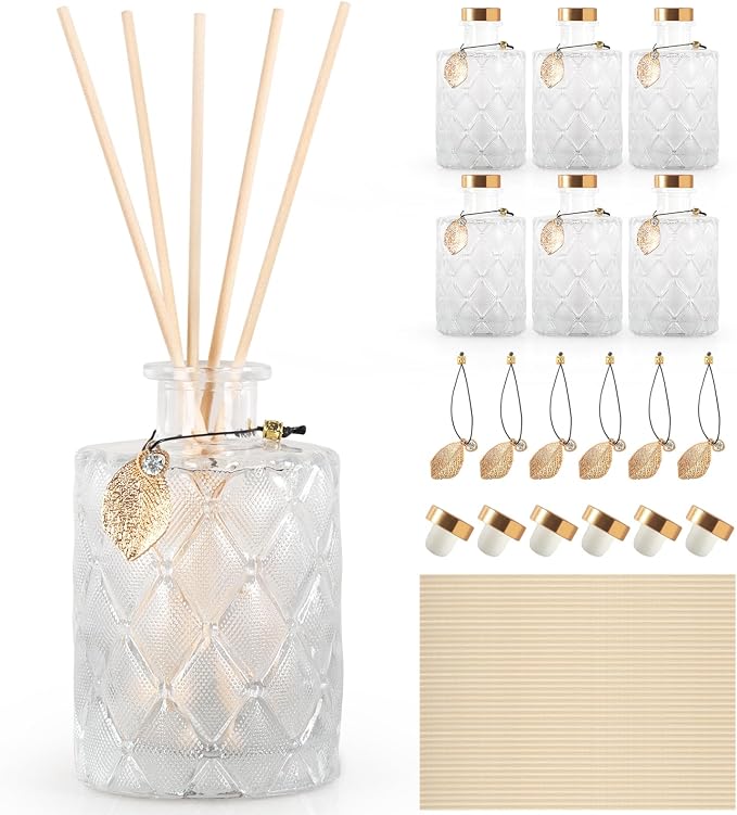 Glass Reed Diffusers Bottles for Home, Diffuser Bottles with 40PCS Reed Diffuser Sticks, Vintage Embossed Apothecary Style Flower Bud Vases with Cork Lids, Set of 6