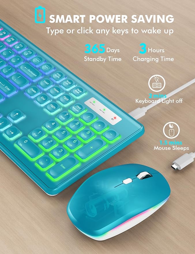 Wireless Keyboard and Mouse Combo, RGB Backlit, Rechargeable & Light Up Letters, Full-Size, Soft Typing, Sleep Mode, 2.4GHz Quiet Keyboard Set for Mac, Windows, Laptop, PC, Trueque (Metallic Blue)