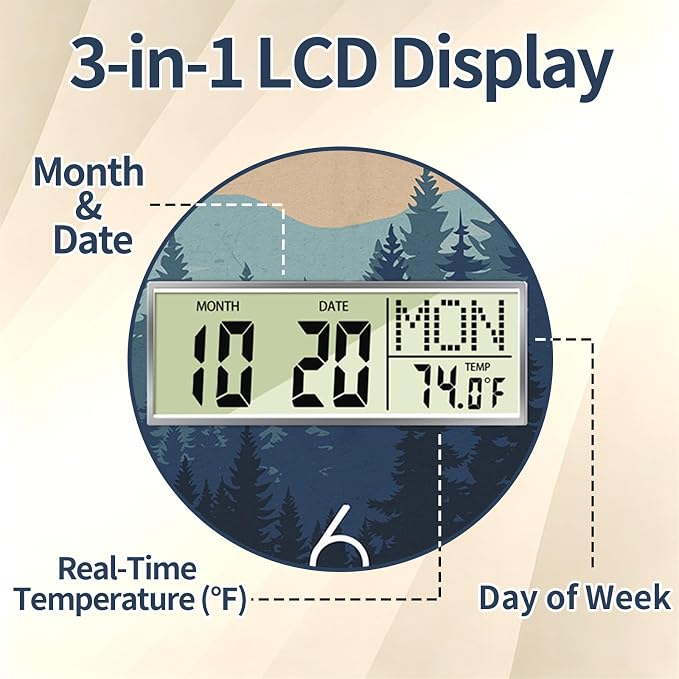Wilderness Sunset Wall Clock, 14 Inch Silent Non-Ticking Battery Operated Analog Clock with LCD Date Day Temp Display, Decorative for Living Room, Bedroom, Kitchen, Office, Farmhouse, Cabin