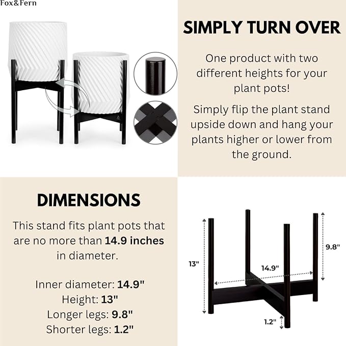 Fox & Fern Bamboo Plant Stand — 14.9 Inch Fixed Size Wooden Mid Century Planter Stand for Indoor Planters (Not Included); Extra Large Flower Pot Holder for Indoor Big Pots; Plug In Design; Dark Bamboo