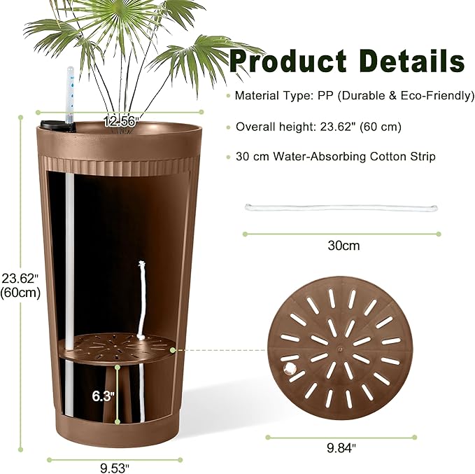 24" Tall Self Watering Planters for Indoor Plants, 2 Pack Large Plastic Outdoor Planter Pots with Built-In Water Reservoir and Level Indicator, Decorative Modern Flower Pots for Home & Patio (Brown)