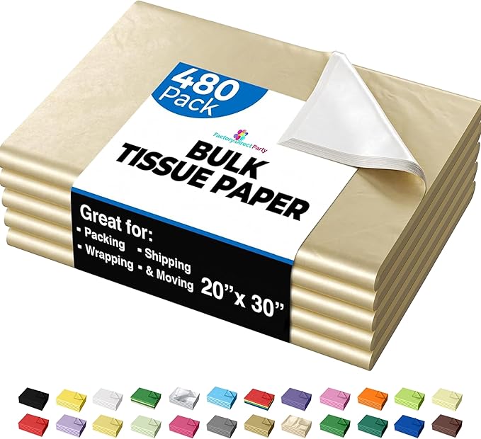Party Solids Gold Tissue Paper for Gift Bags - 20" X 30" Bulk Tissue Paper Gold 480 Sheets - 10lb Newsprint for Packing, Birthday Gift Box Filler, Packing Supplies for Moving Supplies