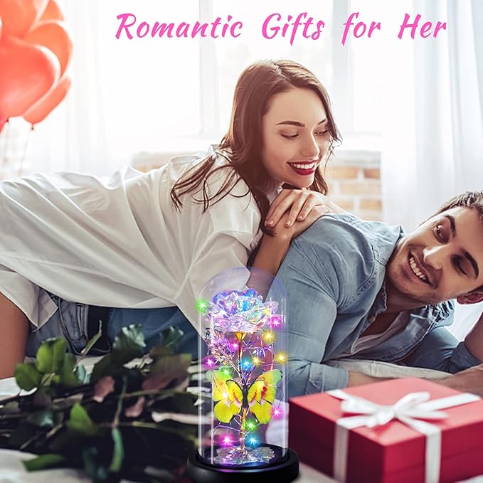 Rainbow Butterfly Rose Flower Birthday Gifts - Women Gifts for Her Anniversary Valentines Mothers Day Christmas Thanksgiving - Light Up Rose Flower Gifts for Wife Mom Grandma Girlfriend Lady Girl