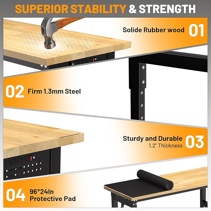 96 Inches Workbench, Rubber Wood Tabletop Work Table, 5500 LBS Heavy Duty Adjustable Height Work Bench with 2 Power Outlets for Workshop, Office, Garage