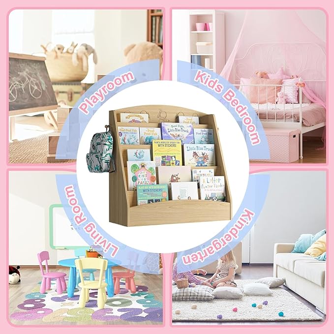 5-Tier Kids Bookshelf Montessori Toddler Book Rack Baby Bookcase Floor Front Facing Magazine Display Shelf for Bedroom Playroom Nursery Classroom Kindergarten Wood (Natural)