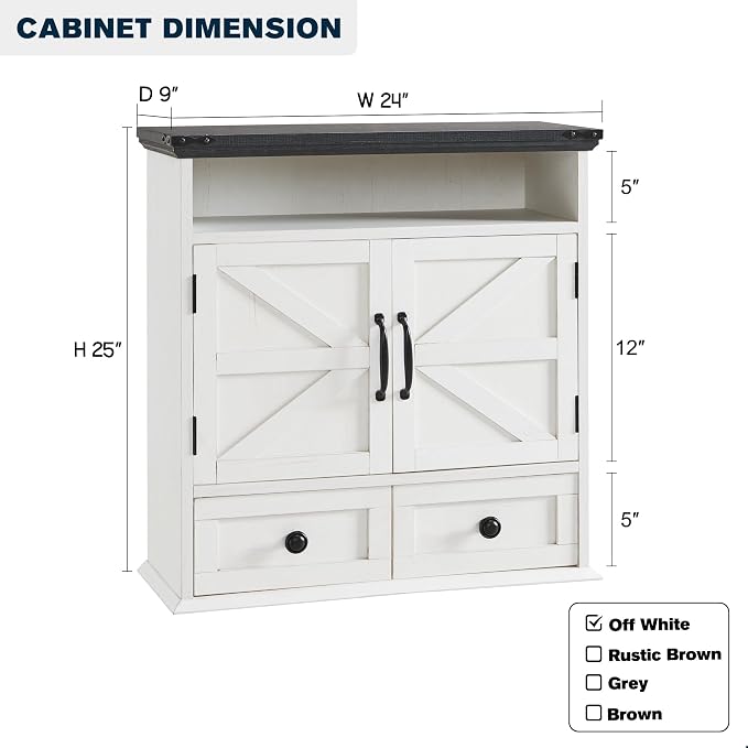 ACCOHOHO Bathroom Wall Cabinet, Farmhouse 24" Wide Medicine Cabinet with Drawer, Adjustable Shelf, Double Barn Doors, Storage Cabinets for Bathroom, Kitchen, Living Room, Off White