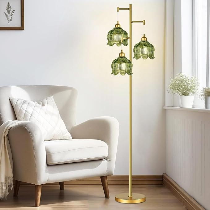 Glass Floor Lamp for Living Room,Bedroom,Gold Mid Century Modern Standing Lamp Brass Tree 3 Light Tall Floor Lamps Vintage Retro Floor Lights Green Flower Lamp Shade Farmhouse Boho Bohemian