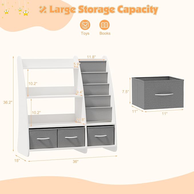NACHES Kids Bookshelf and Toy Storage Organizer, Montessori Nursery Book Shelves with Sling Rack & Fabric Toy Bins, Toddler Baby Bookcase, Wooden Toy Shelf for Kids Room, Playroom, Sail-White